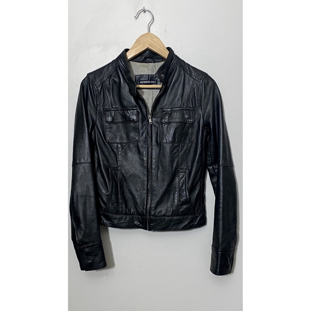 Members Only Leather Jacket Women's Size Small Black Moto-Style Soft Pockets